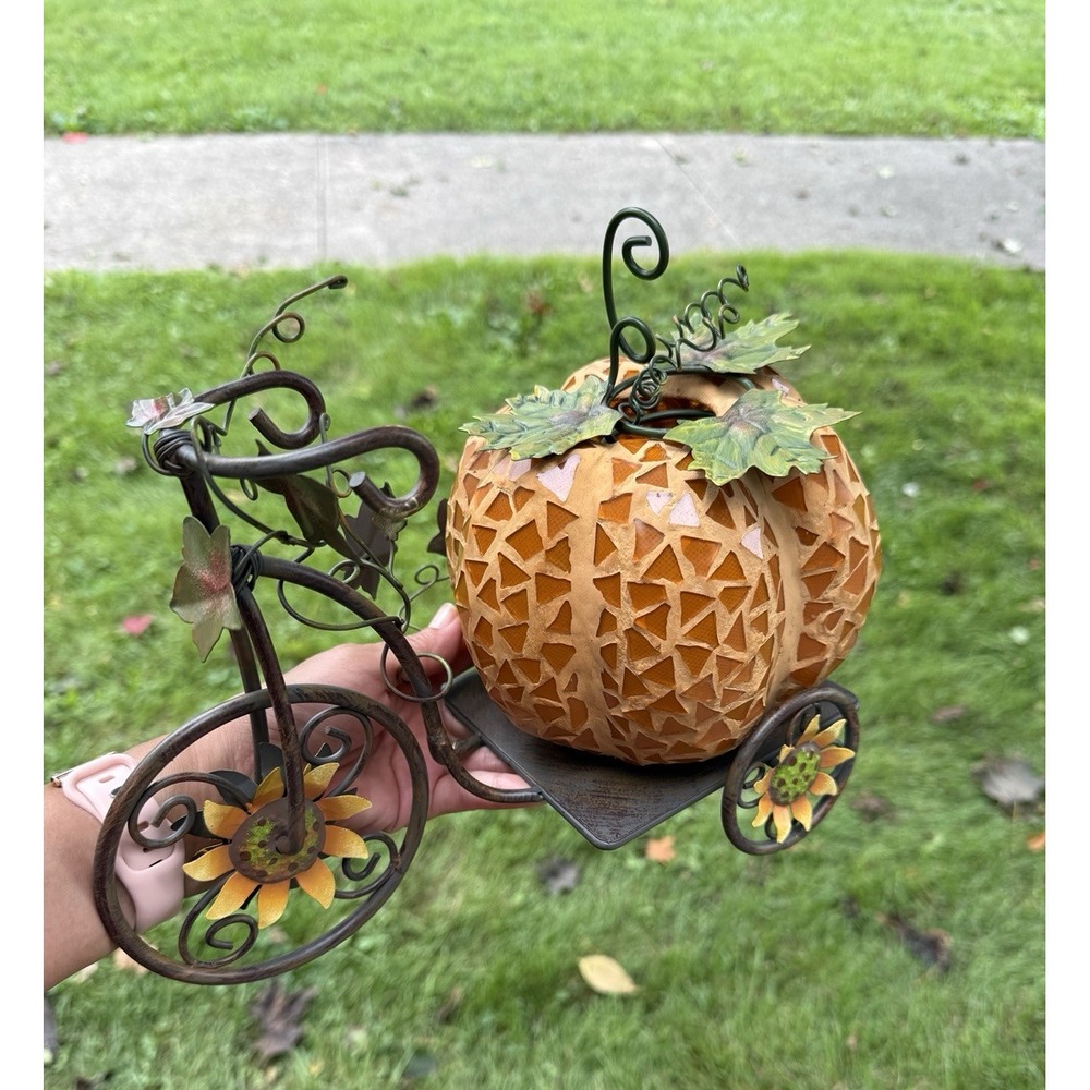 Autumn Mosaic Glass Pumpkin Tealight Holder on Metal Sunflower Tricycle Stand